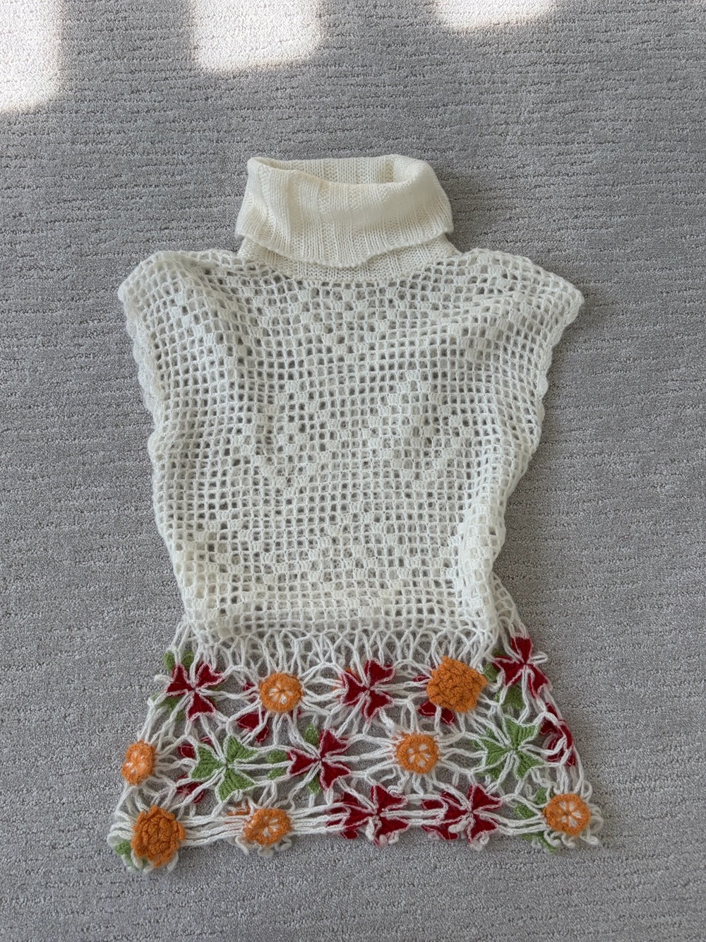 Crochet Turtleneck Top with Floral Hem